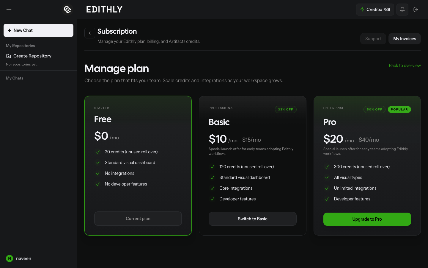 Manage plan dialog showing Free, Basic, and Pro tiers